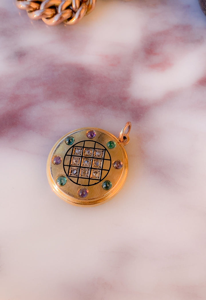 18k Rose Cut Diamond, Amethyst and Emerald Conversion Pendant