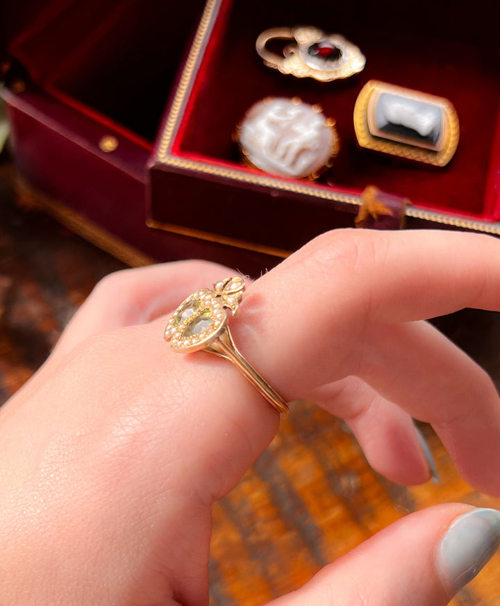9k Peridot + Seed Pearl Double Heart Conversion Ring Circa 1910