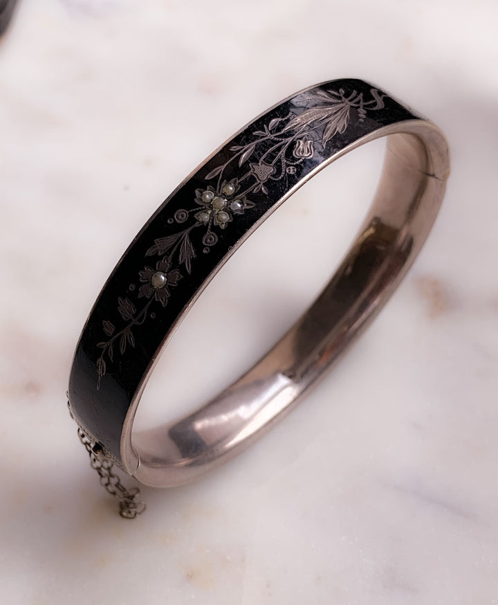 Black Enamel, Pearl, and Sterling Bracelet