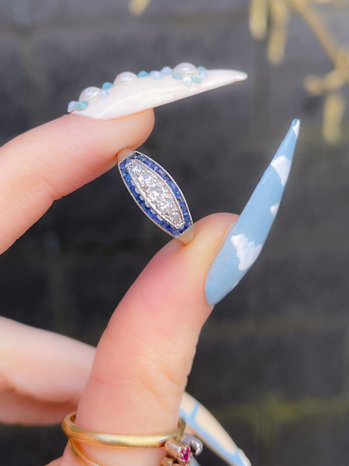 Superb French Platinum, Diamond, and Sapphire Ring