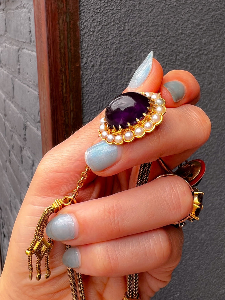 1960's Victorian Revival Amethyst Cabochon Brooch with Pearls