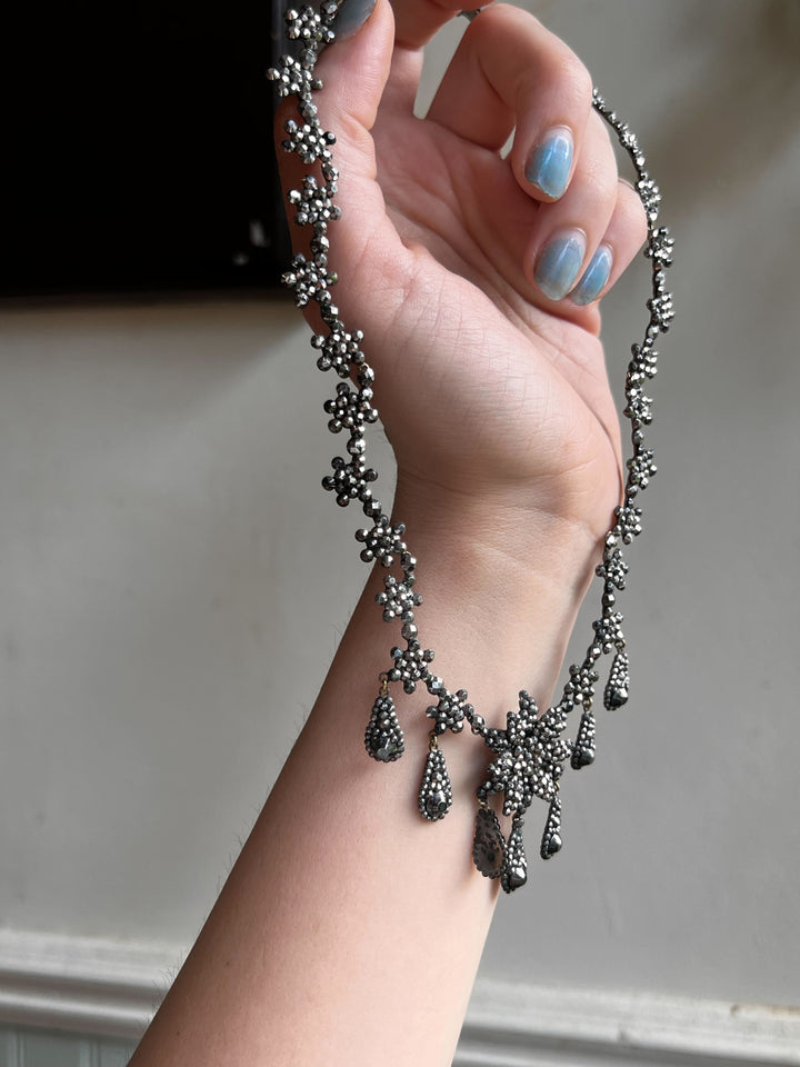 Floral Dinner Necklace of Faceted-Cut Steel