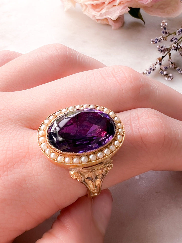Glorious Antique Georgian Amethyst & Seed Pearl Conversion Ring