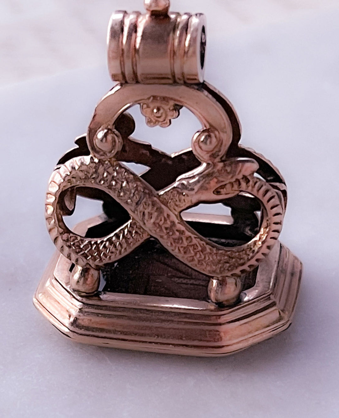 Exceedingly Rare Pink 12k Georgian Fob with Figure 8 Ouroboros Iconography