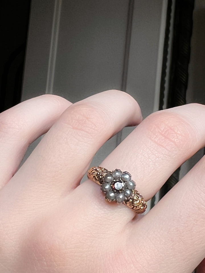 Stunning Original Georgian Garnet & Pearl Flower Ring