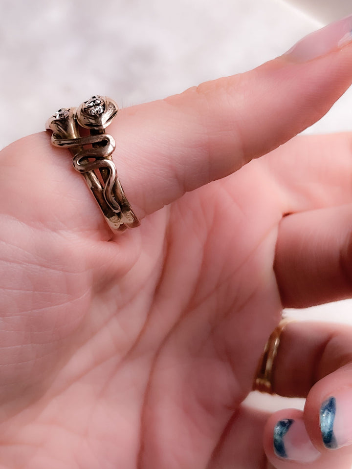 Superb Victorian Double Headed Snake Ring with Old European-Cut Diamonds