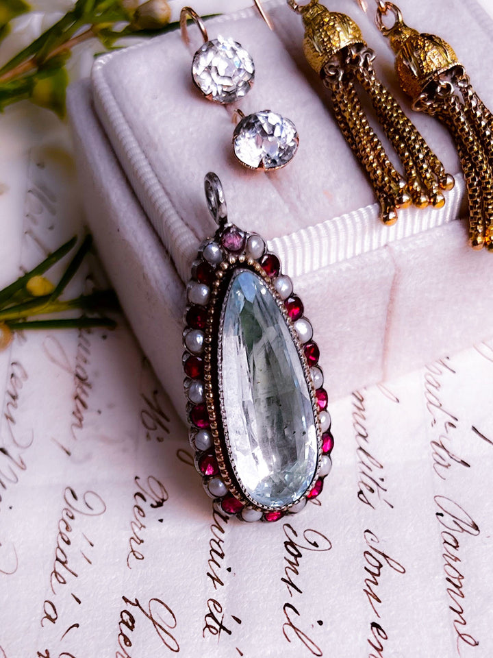 Outstanding 9k Georgian Aquamarine, Flat-Cut Garnet, and Pearl Pendant