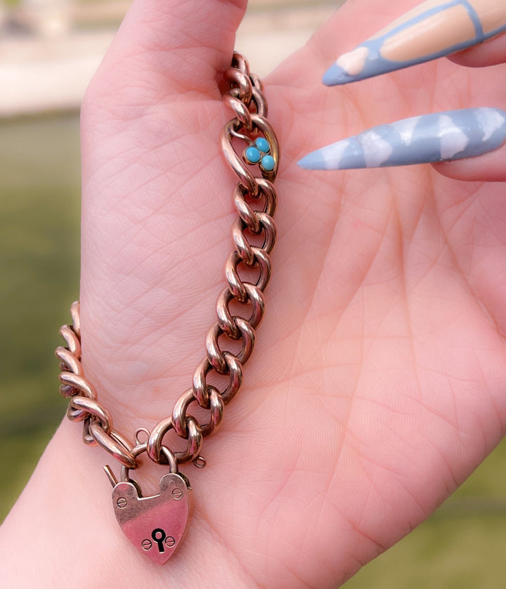 Gorgeous Rose Gold Victorian Turquoise and Pearl Padlock Bracelet