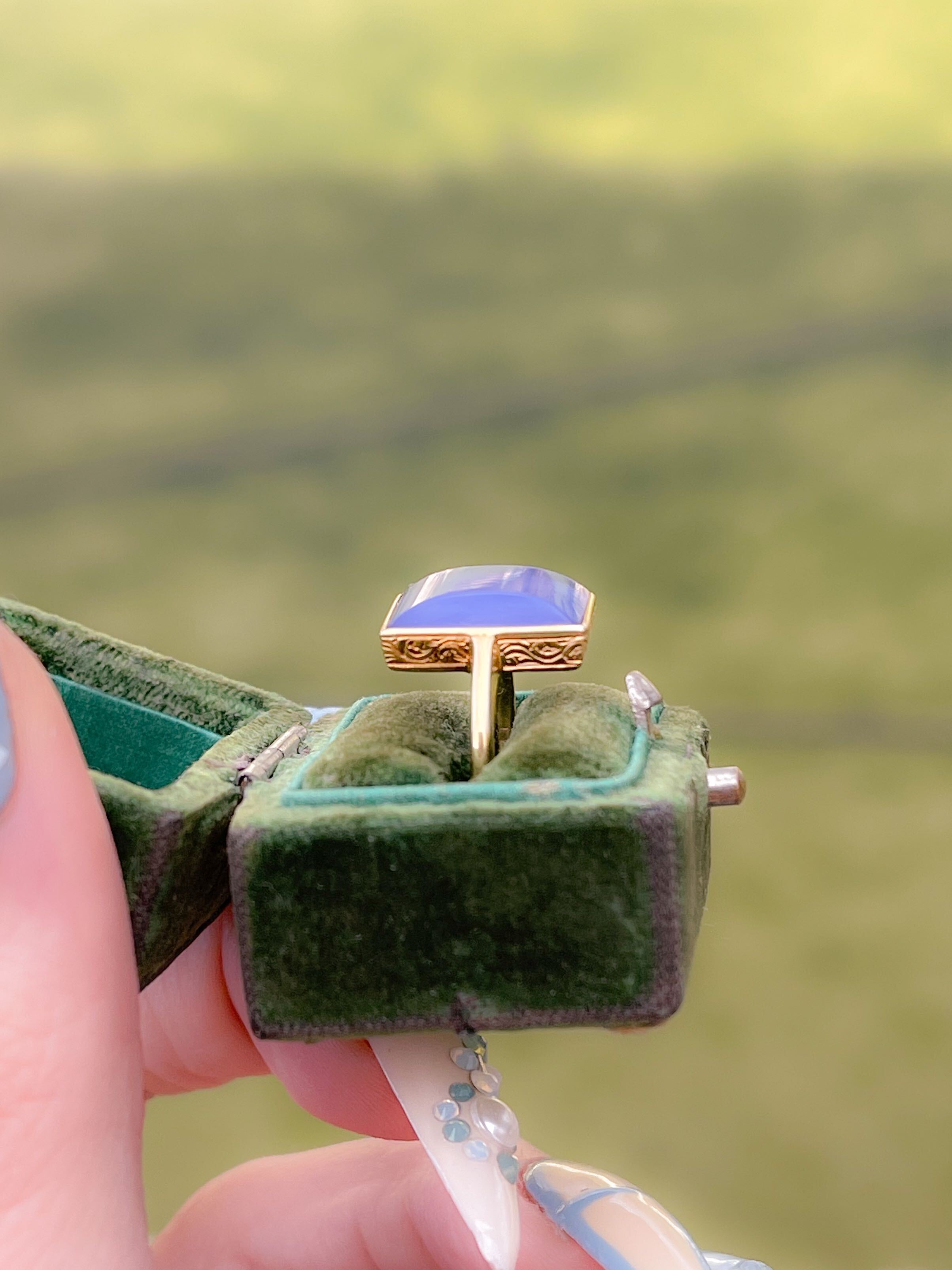 Glorious Late Victorian Periwinkle Chalcedony Ring in 18k