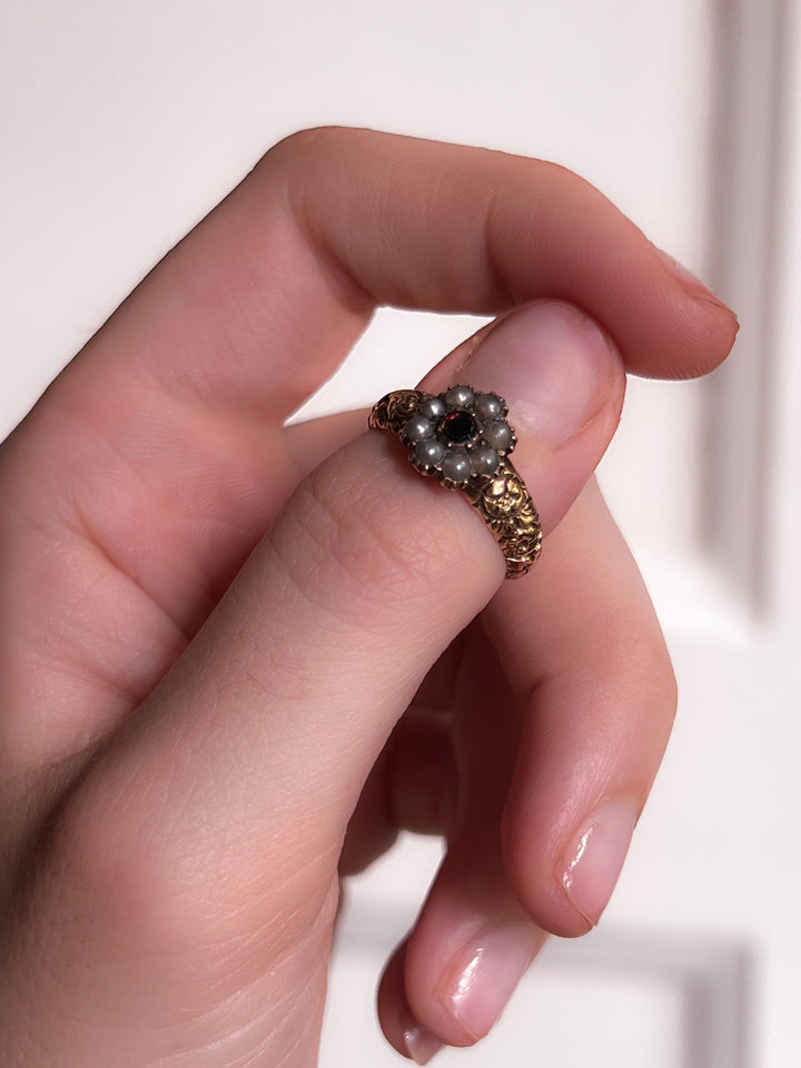 Stunning Original Georgian Garnet & Pearl Flower Ring