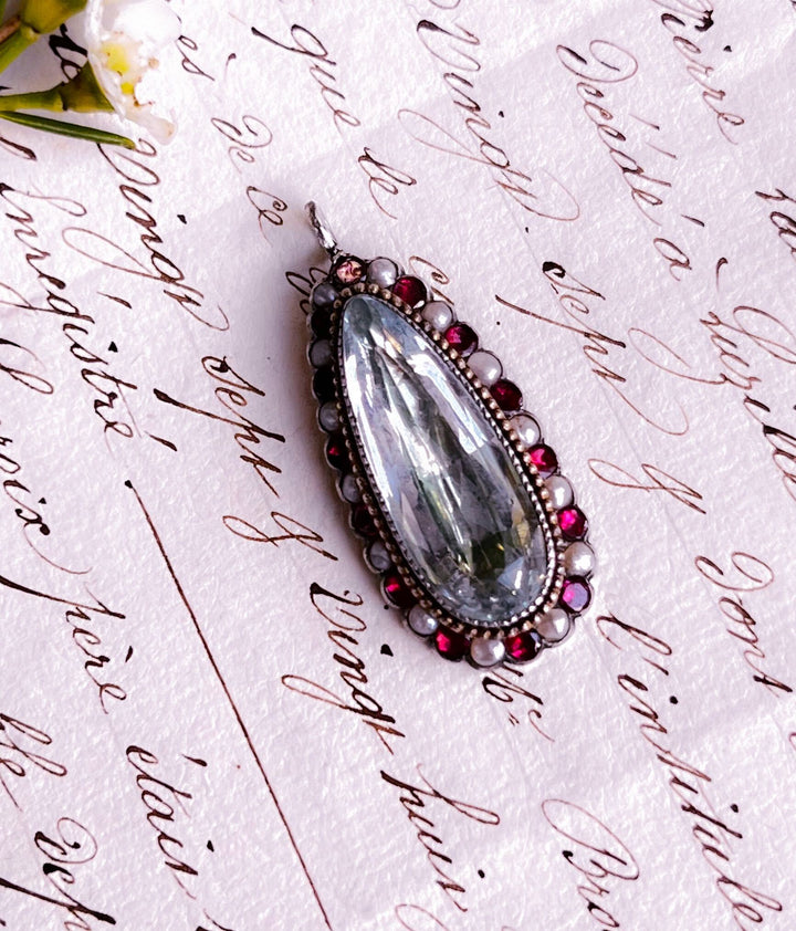 Outstanding 9k Georgian Aquamarine, Flat-Cut Garnet, and Pearl Pendant