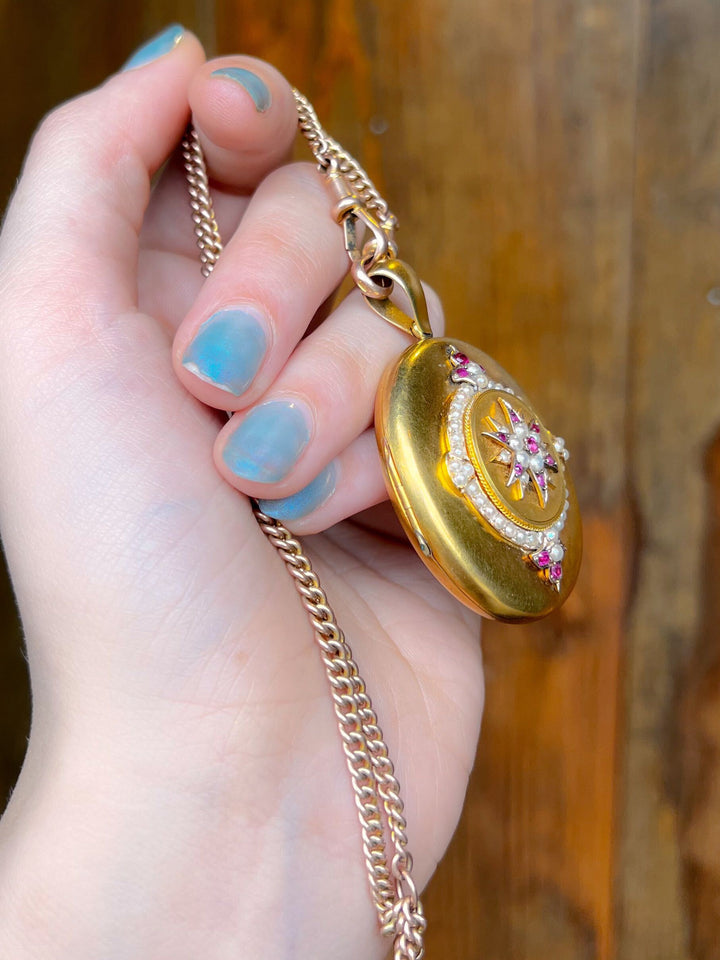 Superb 15k Ruby and Pearl Locket