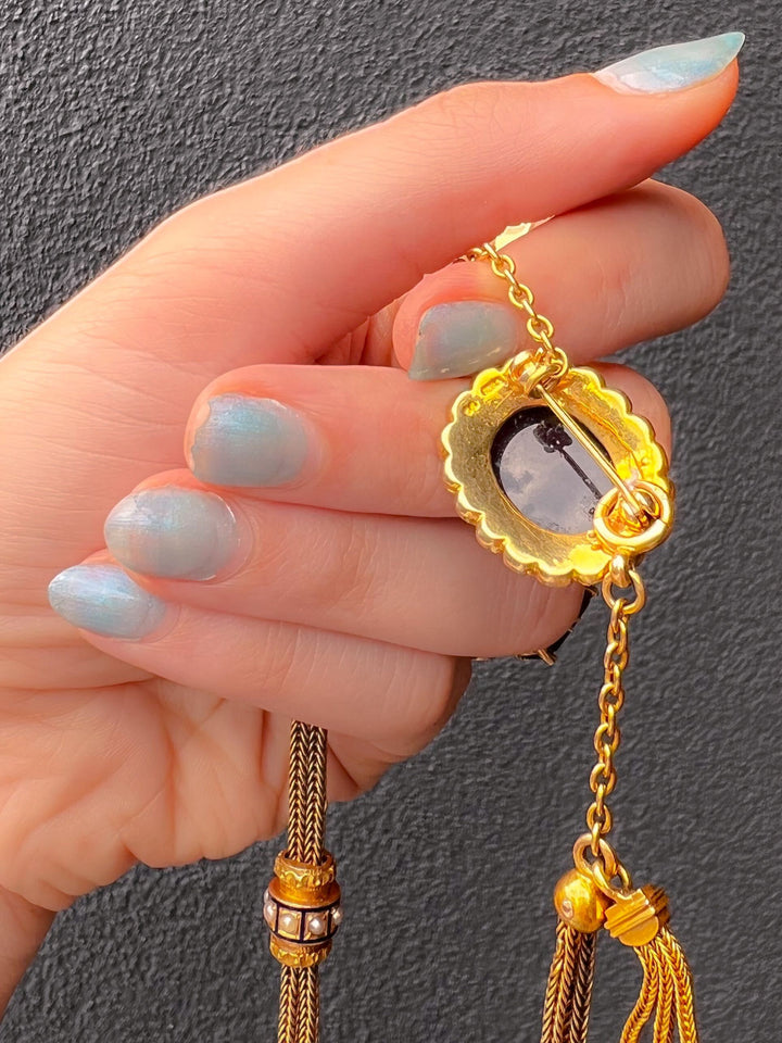 1960's Victorian Revival Amethyst Cabochon Brooch with Pearls