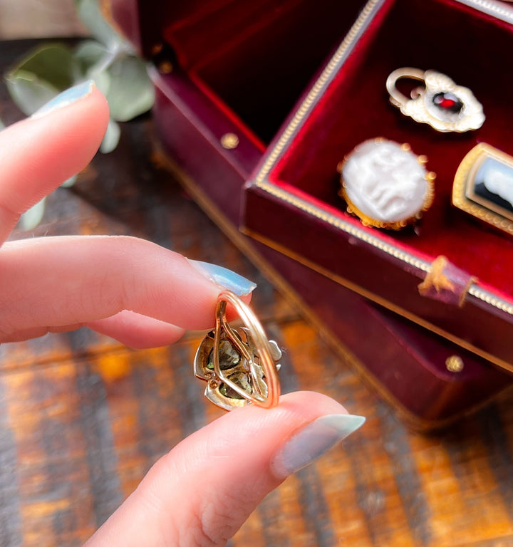 9k Peridot + Seed Pearl Double Heart Conversion Ring Circa 1910