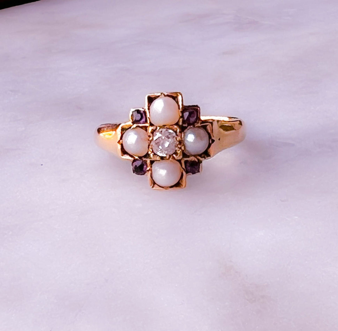 14k Pearl, Amethyst, and Diamond Cruciform Ring