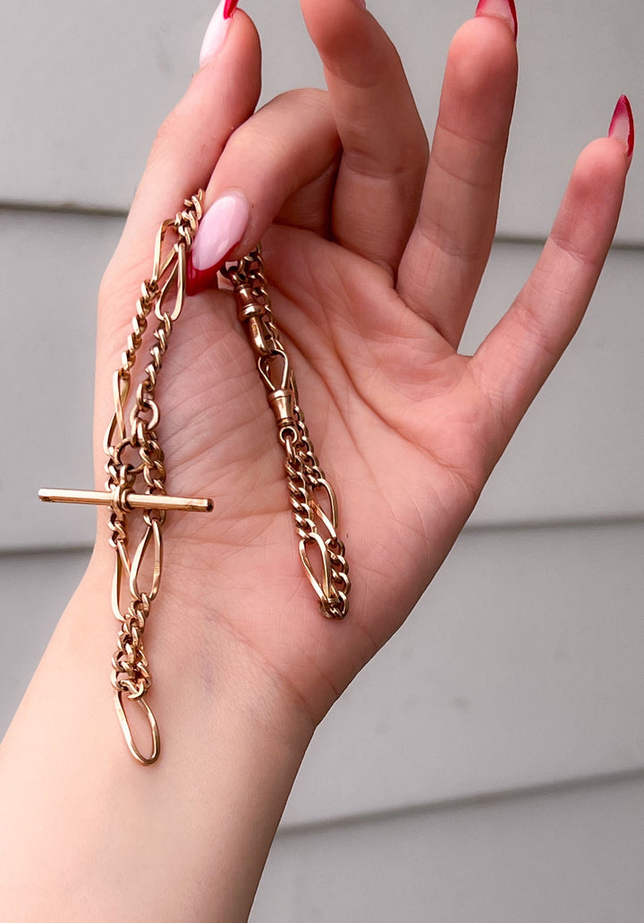 9k Victorian Watch Chain with T-Bar + Two Dog Clips