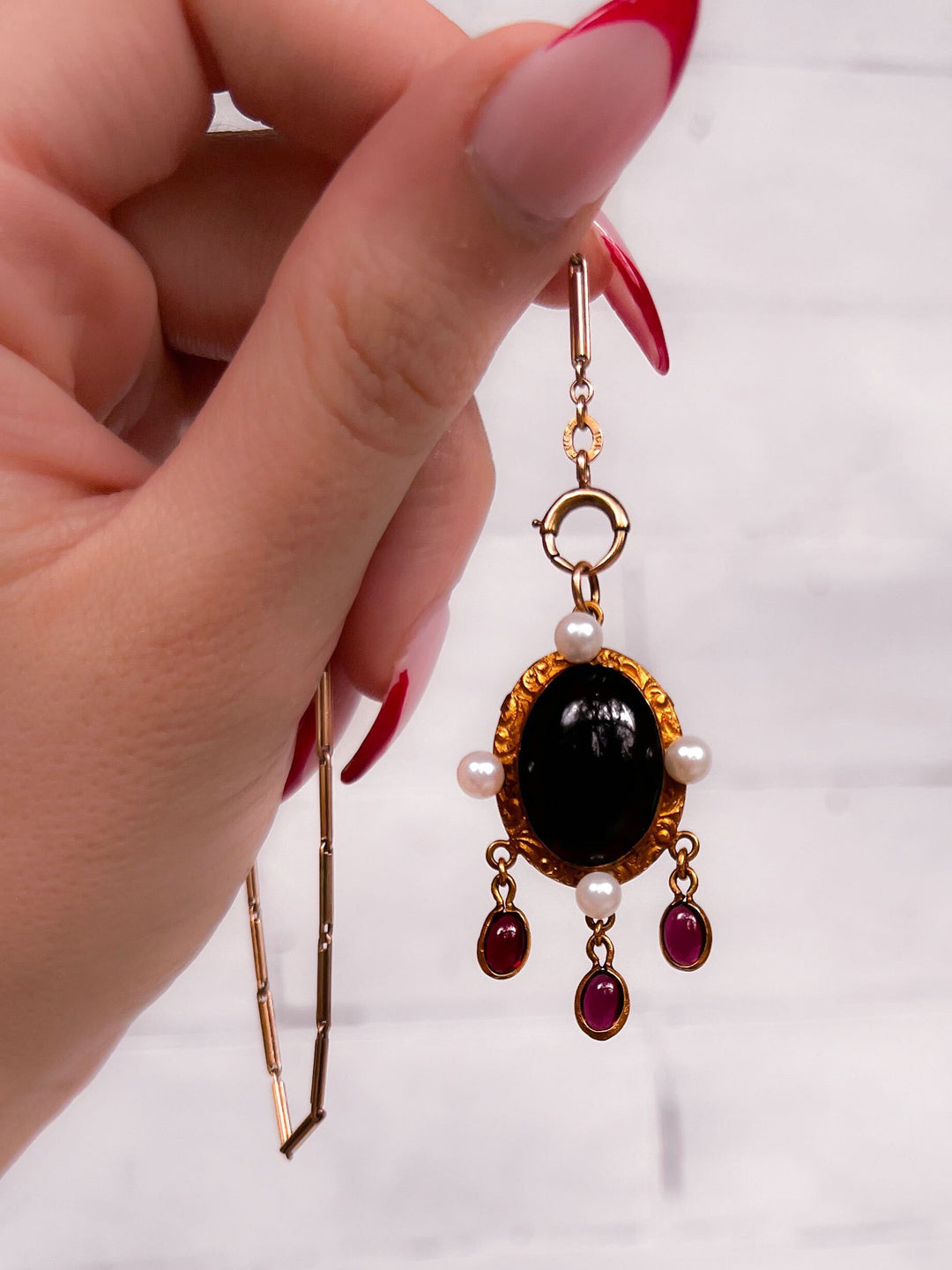 Late 19th C Garnet and Pearl Pinchbeck Pendant