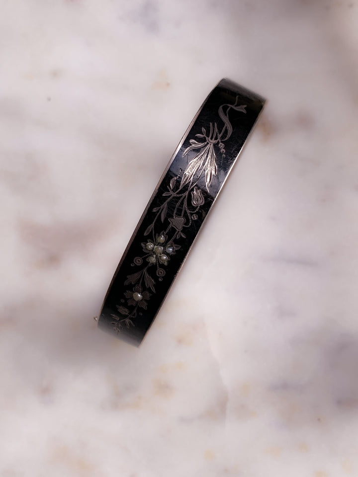 Black Enamel, Pearl, and Sterling Bracelet