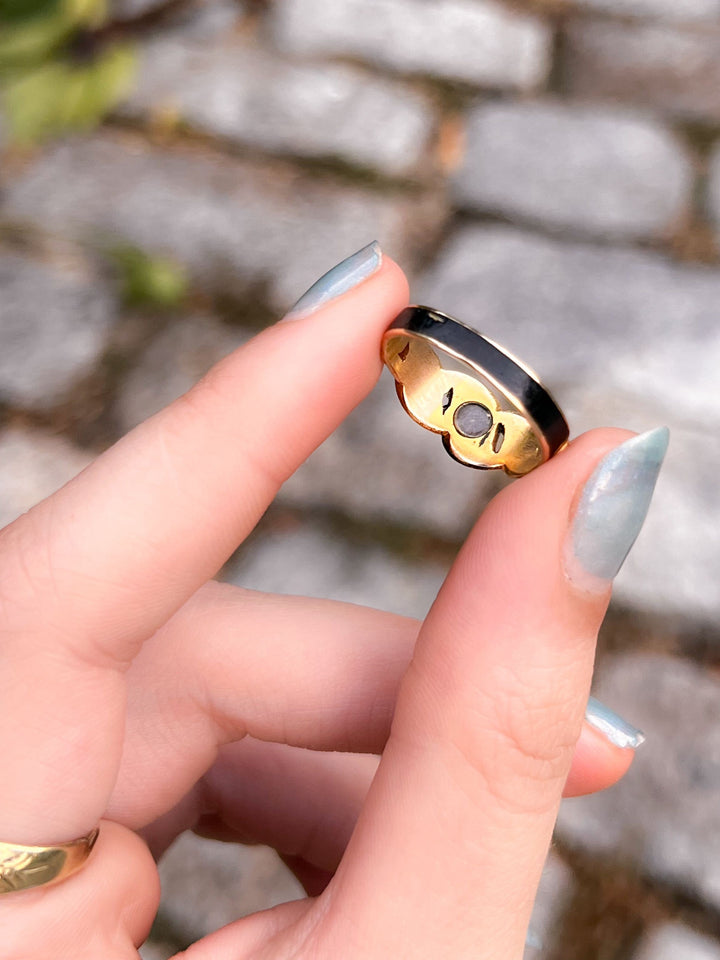 Black Enamel and Pearl Ring with OMC and Rose-Cut Diamonds