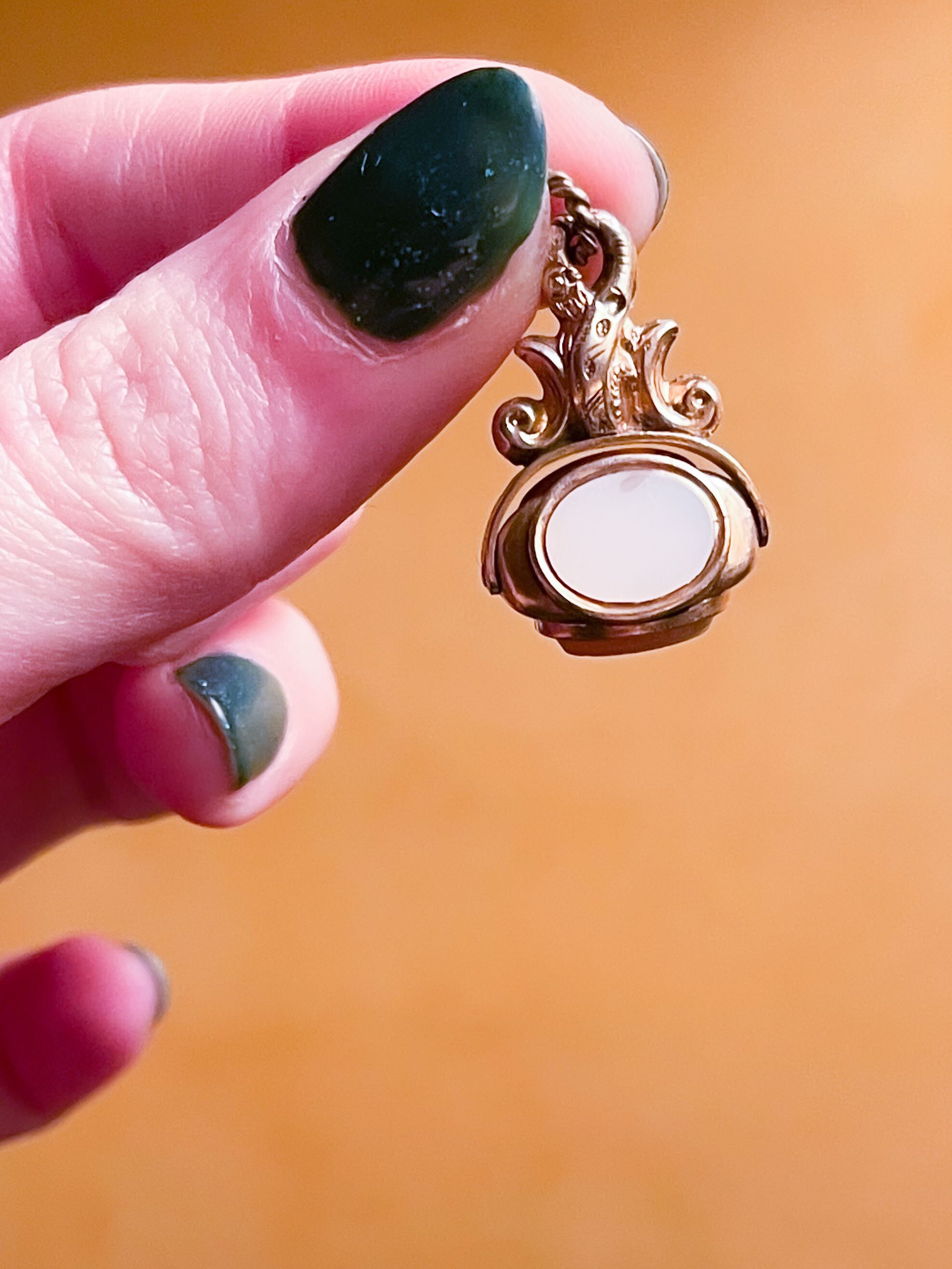 Gold-Filled Trilogy Spinner Fob Featuring Bloodstone, Sardonyx, and White Agate *include green ribbon*