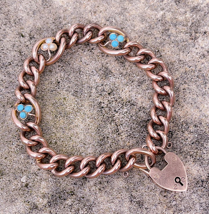 Gorgeous Rose Gold Victorian Turquoise and Pearl Padlock Bracelet