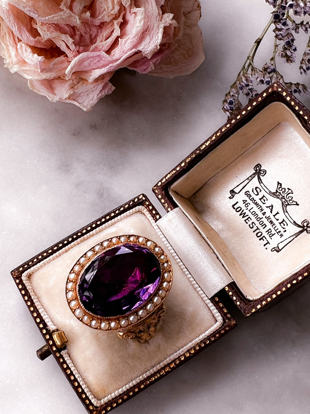 Glorious Antique Georgian Amethyst & Seed Pearl Conversion Ring