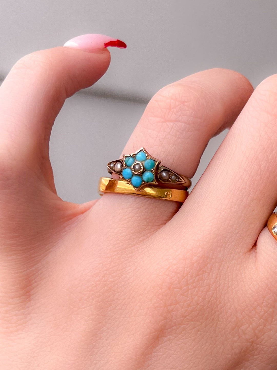 Gorgeous 9k Victorian Turquoise and Pearl Forget-Me-Not Ring