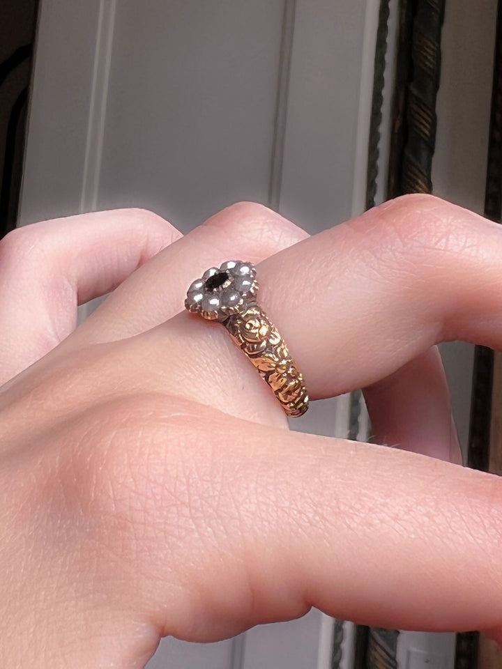 Stunning Original Georgian Garnet & Pearl Flower Ring