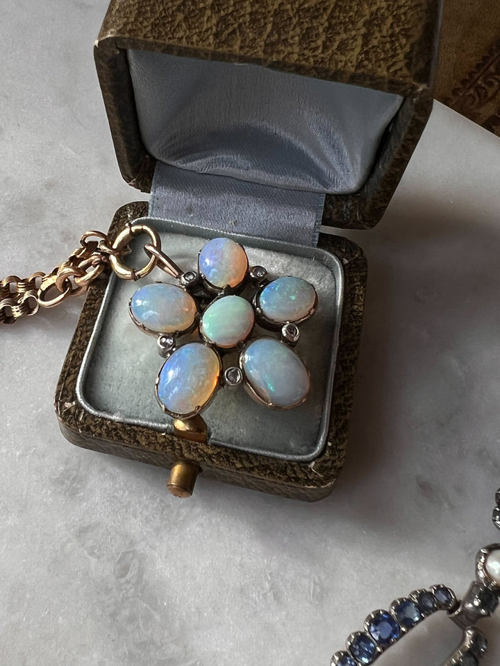 9k Victorian Opal and Diamond Flower Pendant