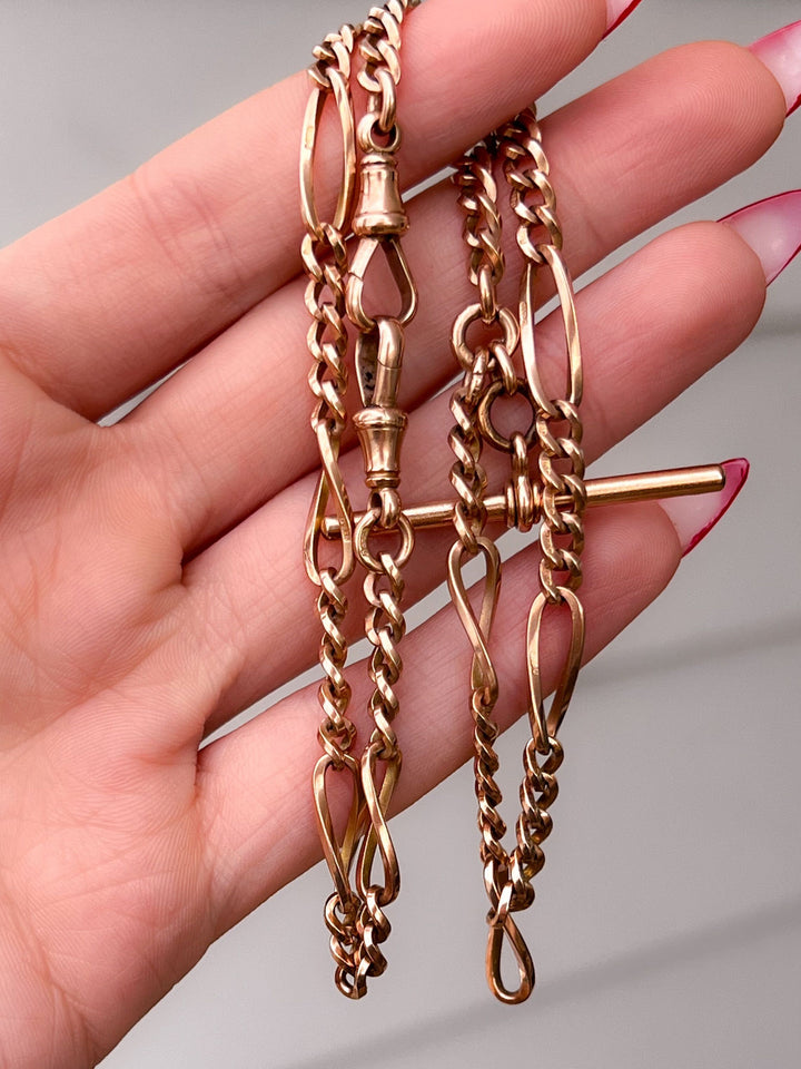 9k Victorian Watch Chain with T-Bar + Two Dog Clips