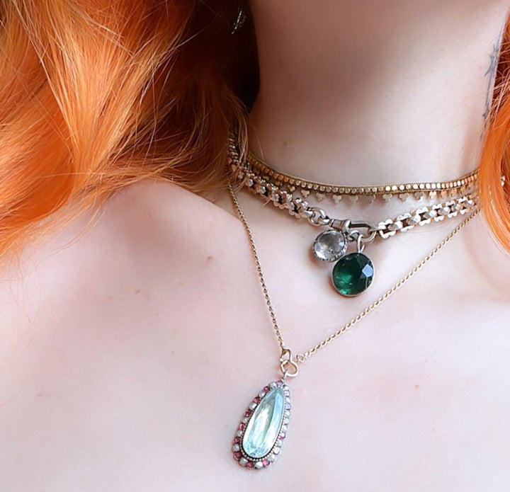 Outstanding 9k Georgian Aquamarine, Flat-Cut Garnet, and Pearl Pendant