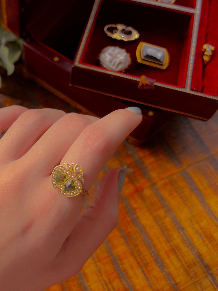 9k Peridot + Seed Pearl Double Heart Conversion Ring Circa 1910