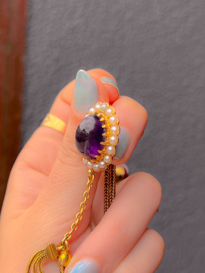 1960's Victorian Revival Amethyst Cabochon Brooch with Pearls