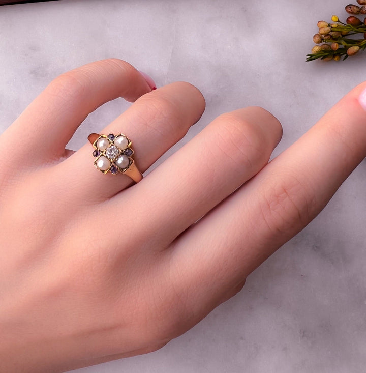 14k Pearl, Amethyst, and Diamond Cruciform Ring