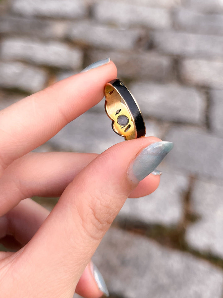Black Enamel and Pearl Ring with OMC and Rose-Cut Diamonds