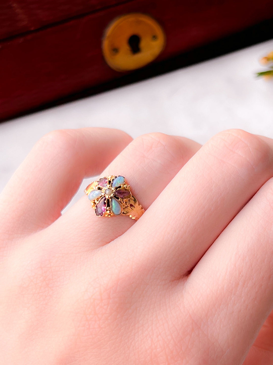 Delicious Almadine Garnet and Opal Forget-Me-Not Ring