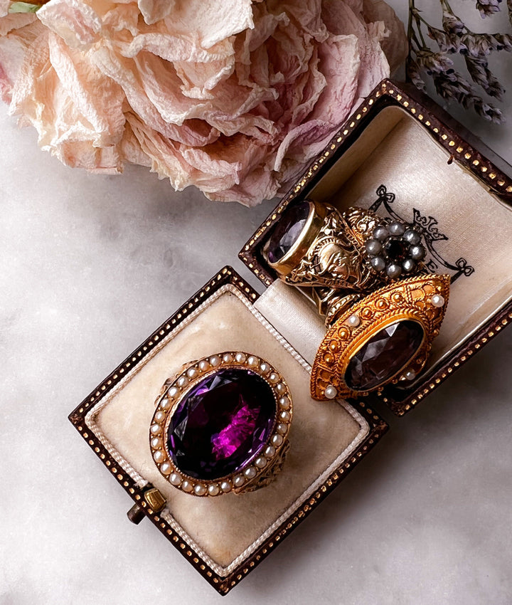 Glorious Antique Georgian Amethyst & Seed Pearl Conversion Ring