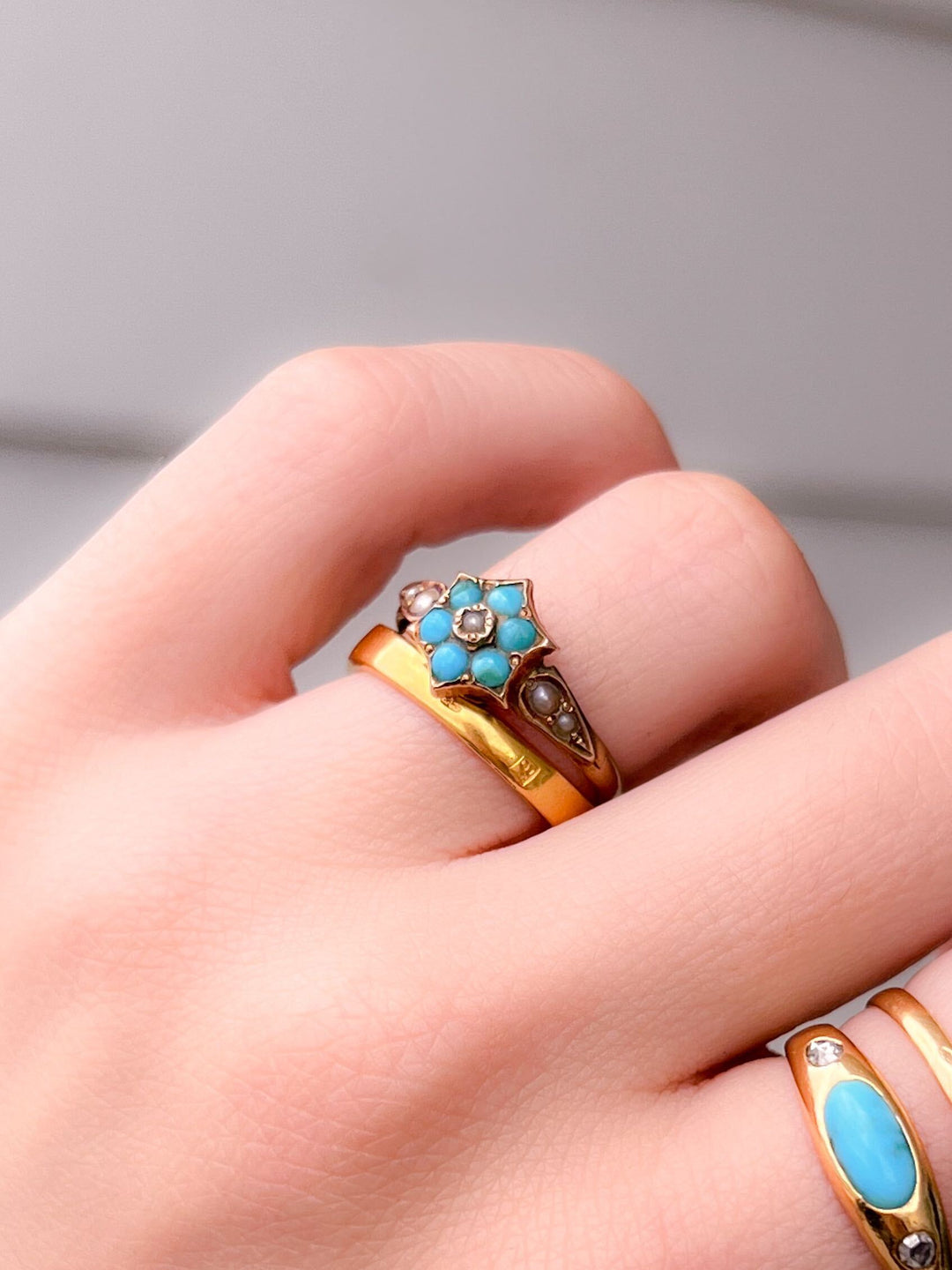 Gorgeous 9k Victorian Turquoise and Pearl Forget-Me-Not Ring