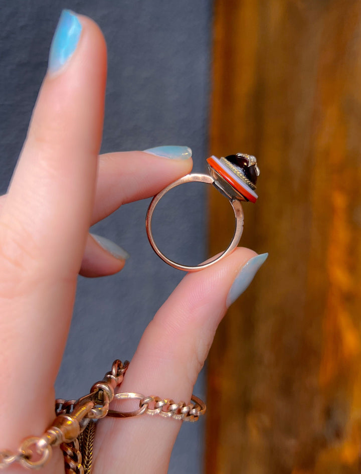 Massive Foiled Garnet Cabochon and Agate Ring