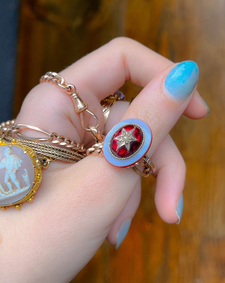 Massive Foiled Garnet Cabochon and Agate Ring