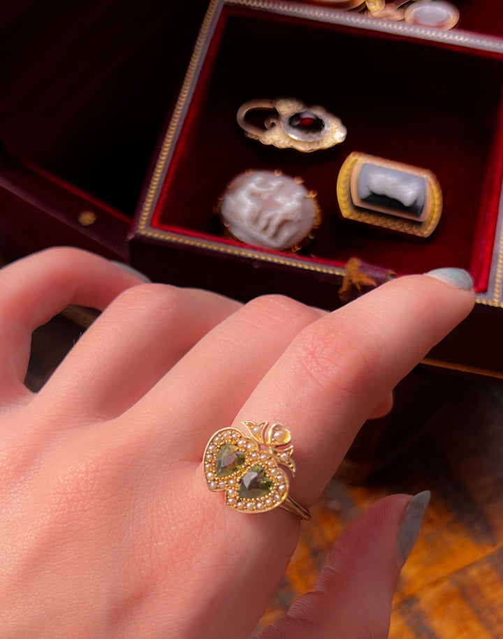9k Peridot + Seed Pearl Double Heart Conversion Ring Circa 1910