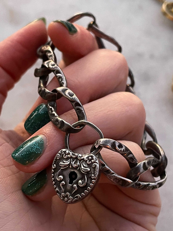 Sterling Silver Padlock Bracelet Circa 1880 *include two black ribbons* *JEWELER MODIFICATION NEEDED*