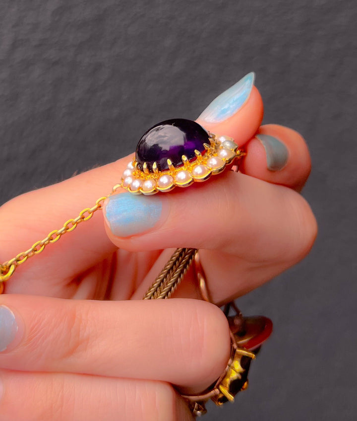 1960's Victorian Revival Amethyst Cabochon Brooch with Pearls