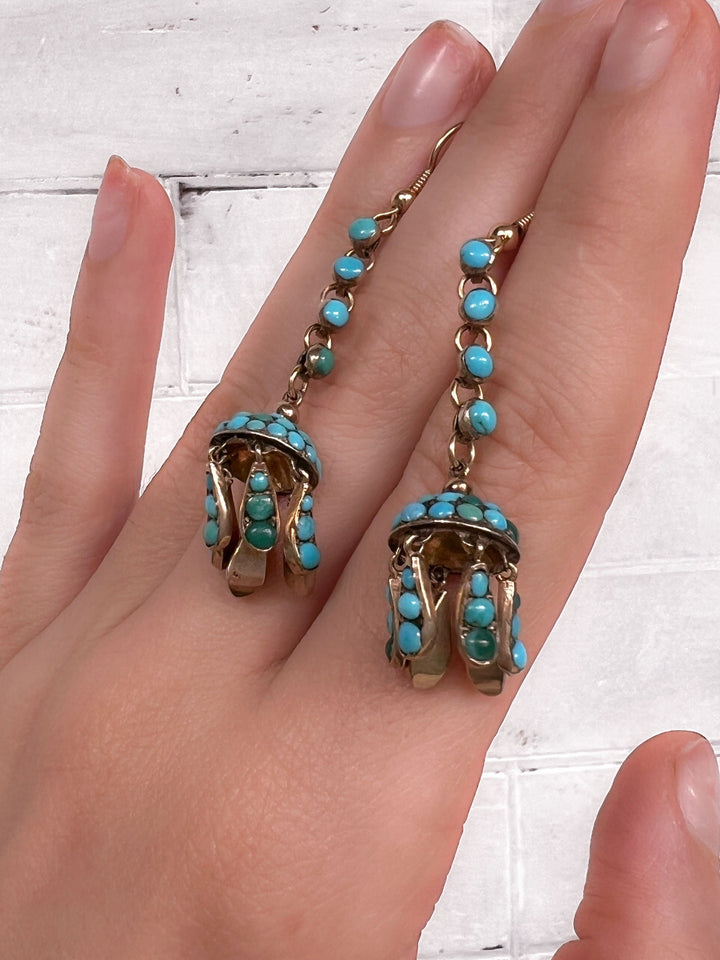 Outrageous Turquoise Tassel Earrings in 15k