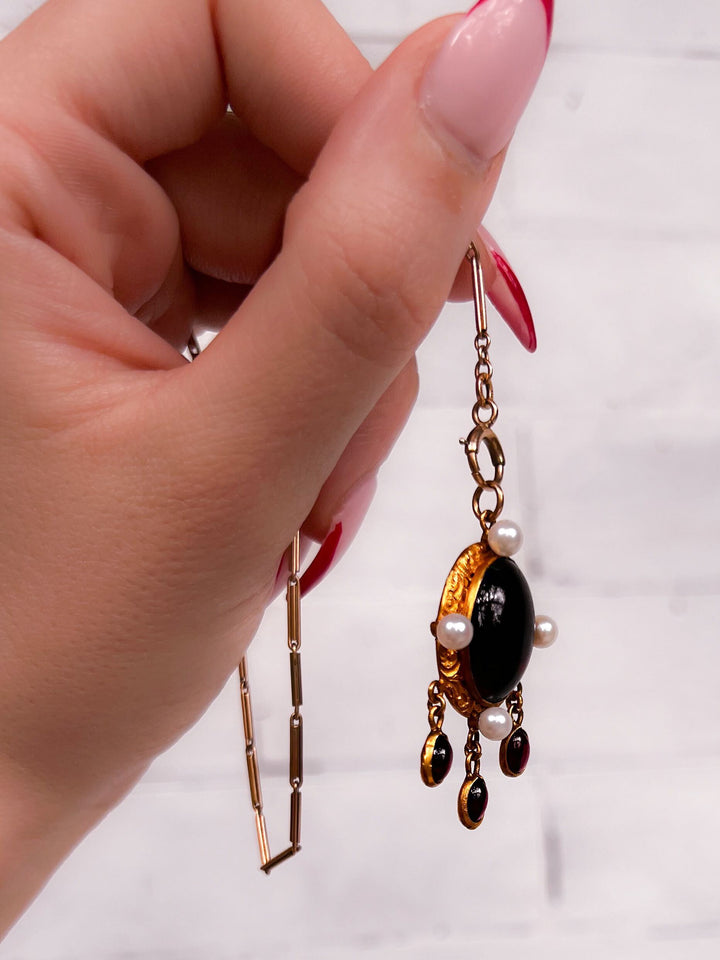 Late 19th C Garnet and Pearl Pinchbeck Pendant