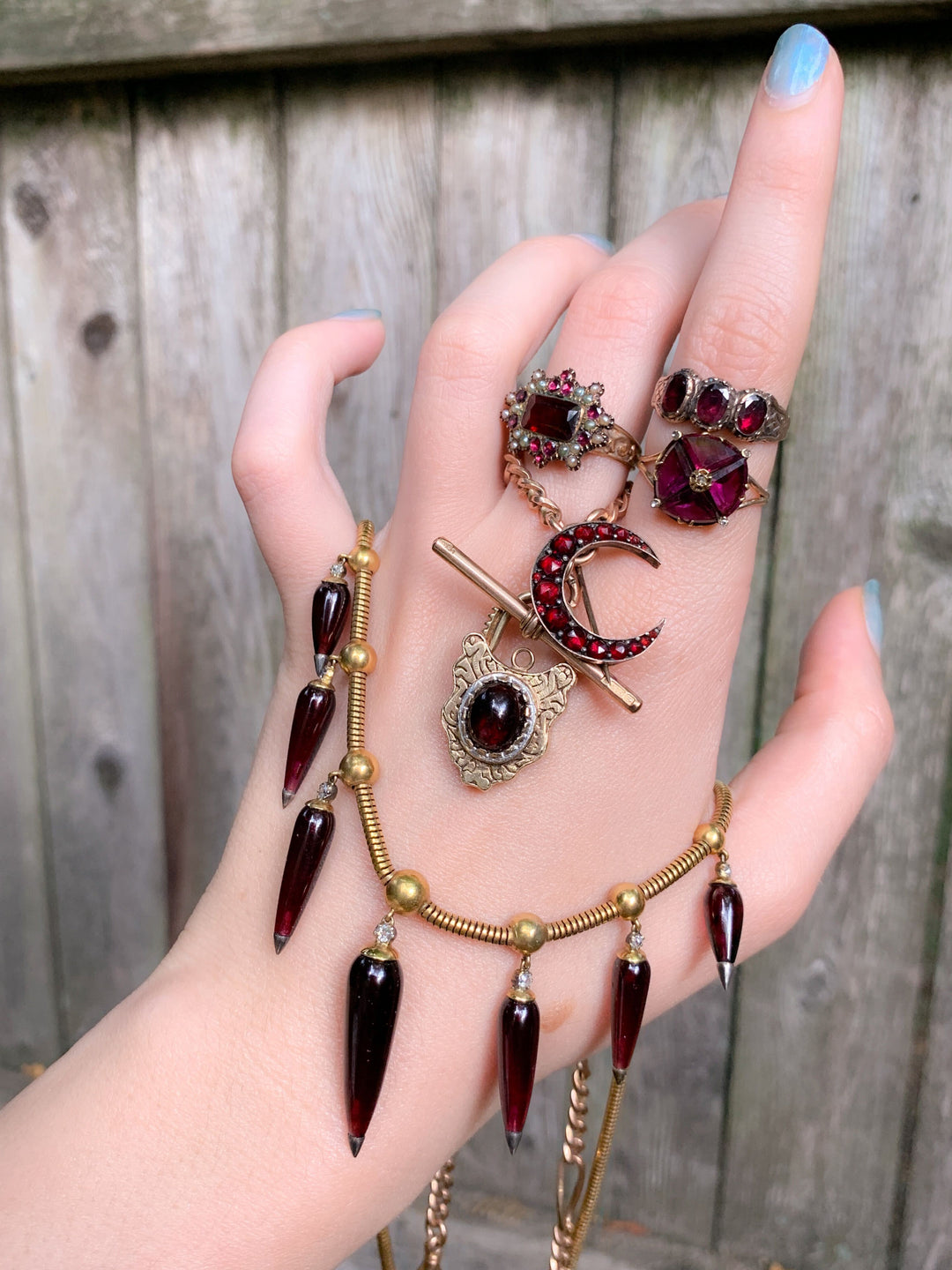 Sumptuous 10k and Sterling American Garnet Crescent