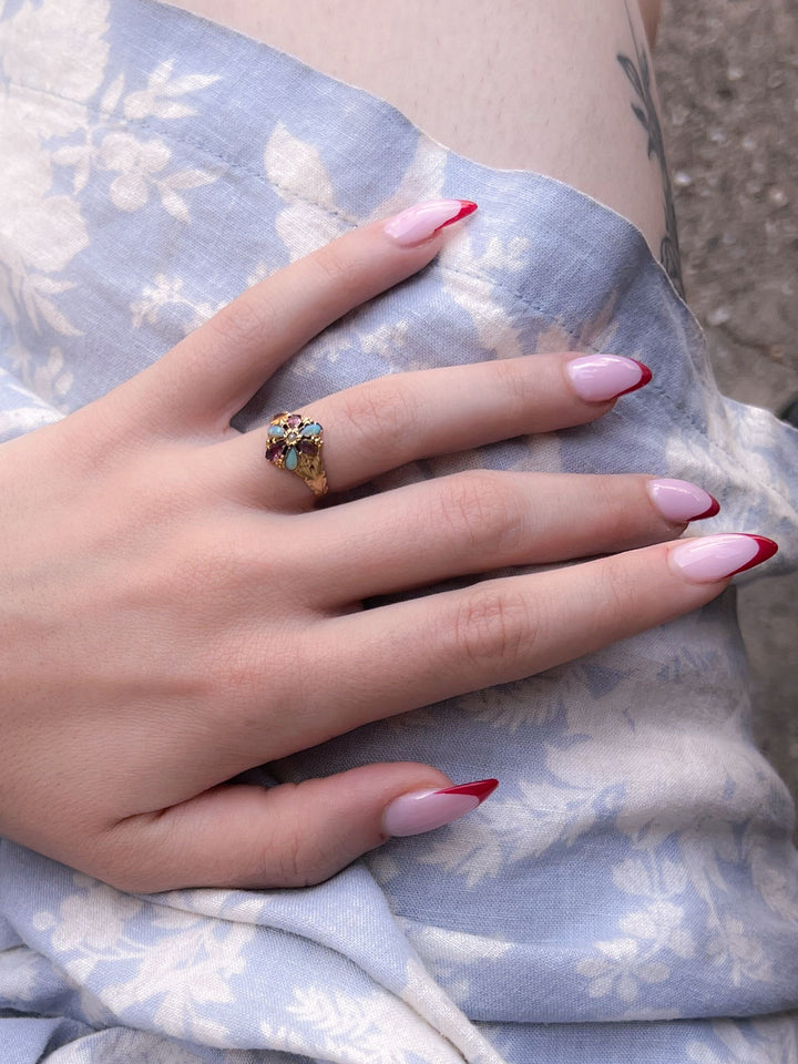 Delicious Almadine Garnet and Opal Forget-Me-Not Ring