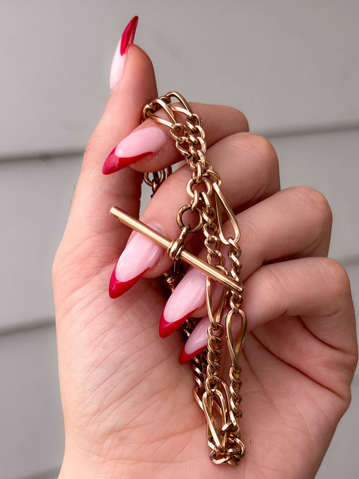 9k Victorian Watch Chain with T-Bar + Two Dog Clips