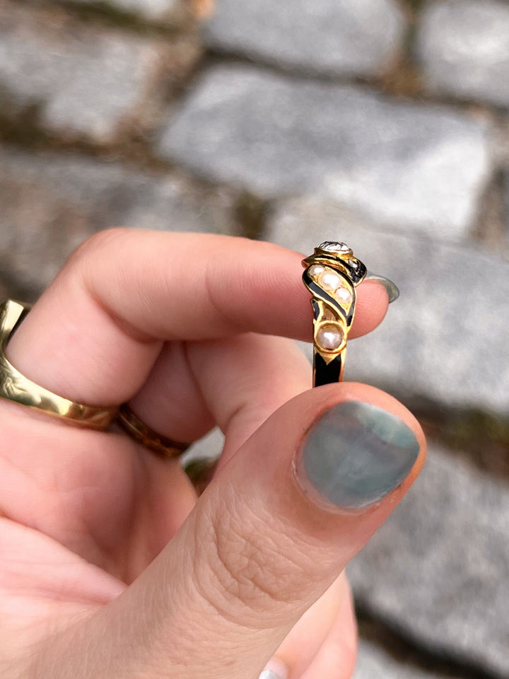 Black Enamel and Pearl Ring with OMC and Rose-Cut Diamonds