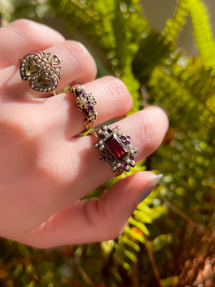 9k Peridot + Seed Pearl Double Heart Conversion Ring Circa 1910